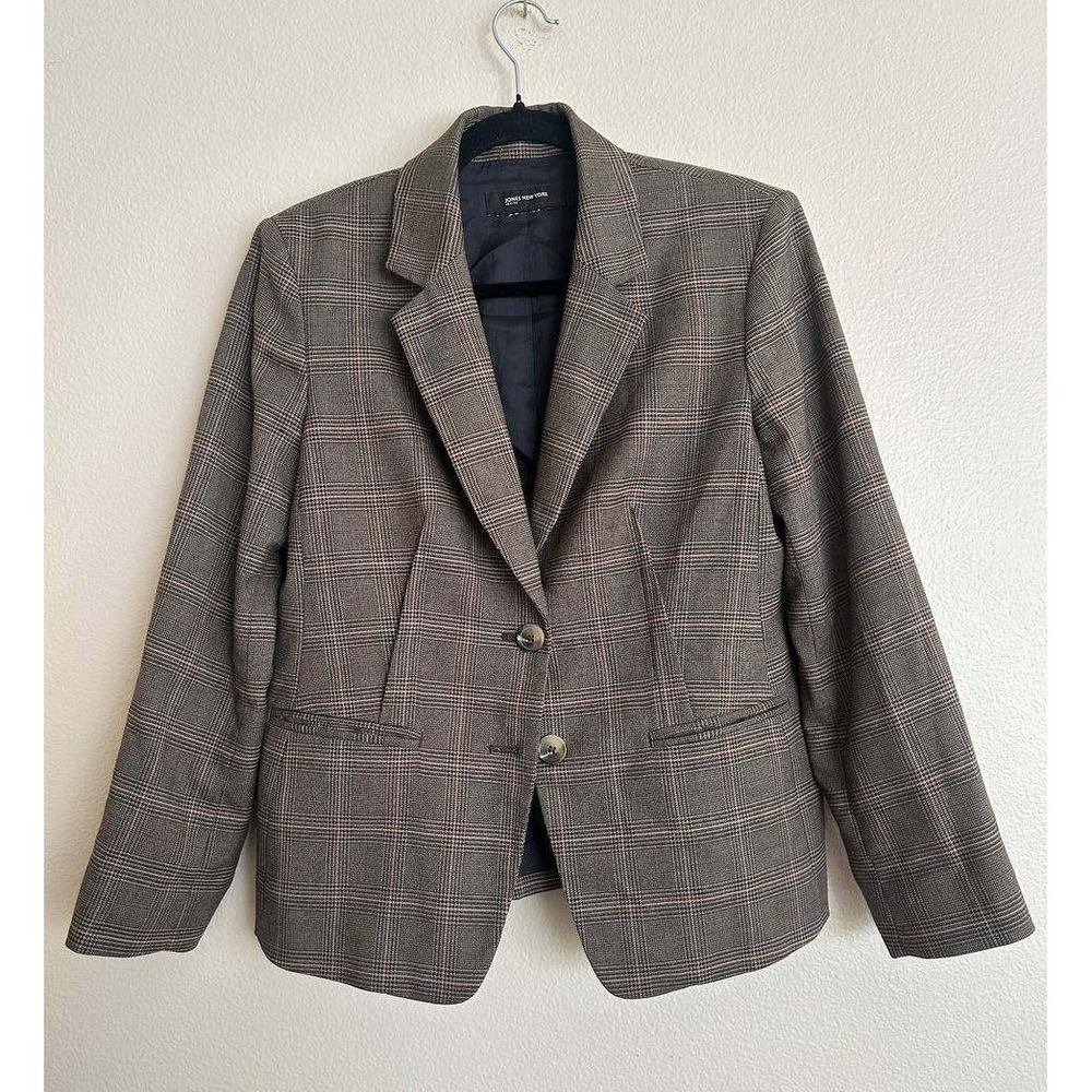 Jones New York Plaid Blazer S Brown Gray Preppy Dark Academia Clean Girl Cottage